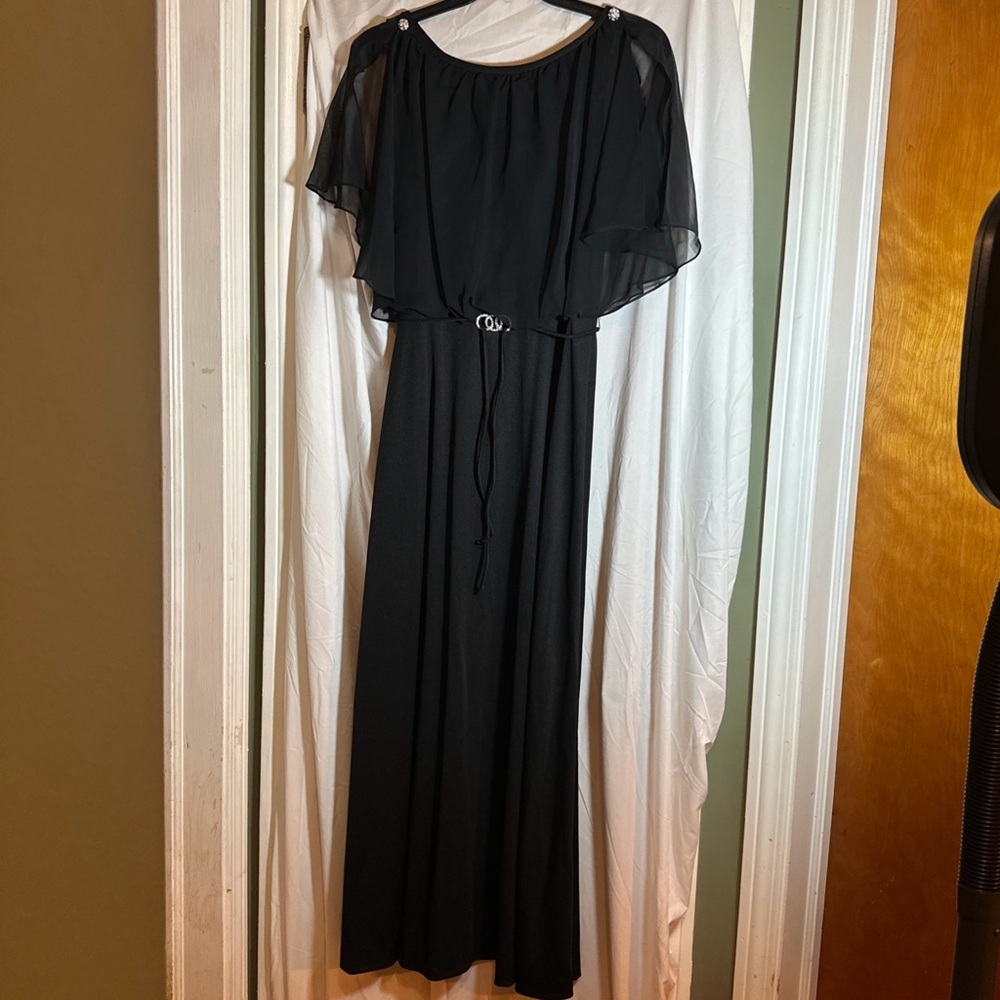 Elegant Black Maxi Dress Amy Deb layered rhinestone buttons belt Size 8